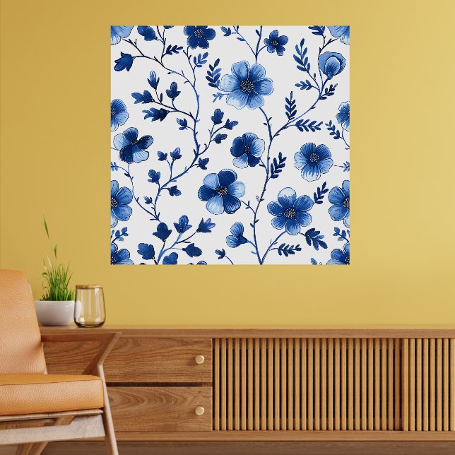 Französisch Cotgecore Blaue Blumenmuster Tissue Pa Poster (Wohnzimmer 2)