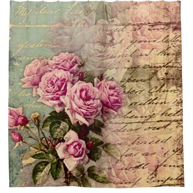 Französisch Country chic, Shabby Chic, rosa Rosen, Duschvorhang (Vorderseite)