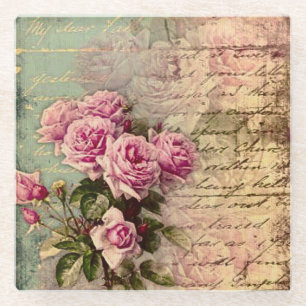 Französisch Country chic, Shabby Chic, rosa Rosen, Glasuntersetzer