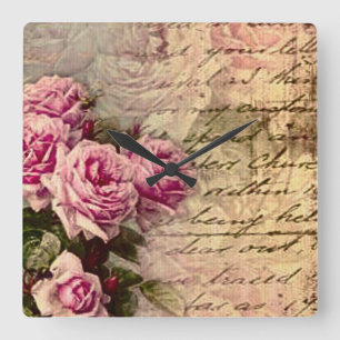 Französisch Country chic, Shabby Chic, rosa Rosen, Quadratische Wanduhr