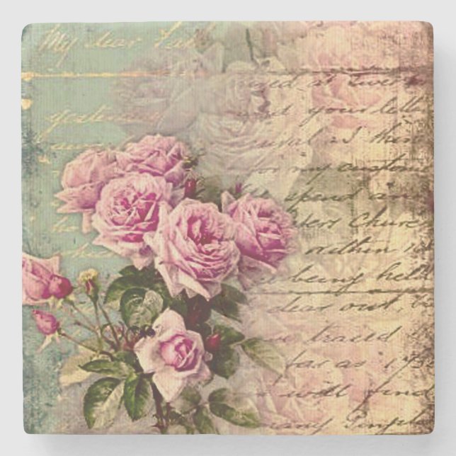 Französisch Country chic, Shabby Chic, rosa Rosen, Steinuntersetzer (Vorderseite)