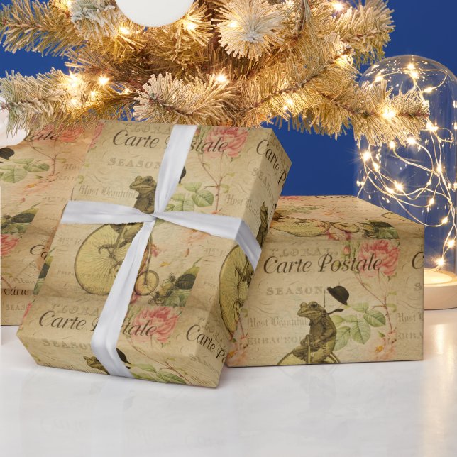 Französisch Ephemera Frog Riding Bicycle Geschenkpapier (Feiertage)