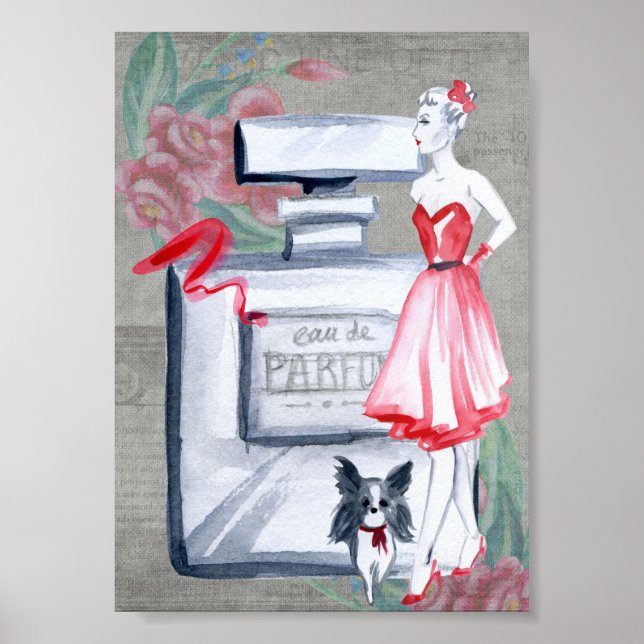 Französisch Frau mit Hund Parfüm Duftflasche Vinta Poster (Vorne)