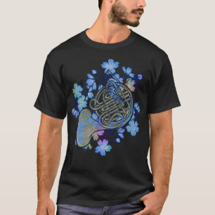 Französisch Horn Art Band Class Musik Blue Blumen T-Shirt