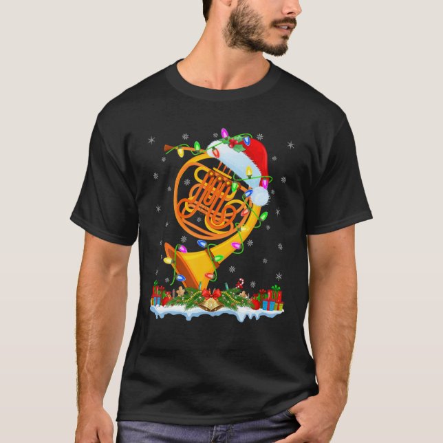 Französisch Horn Lover Matching Weihnachtsmannmütz T-Shirt (Vorderseite)