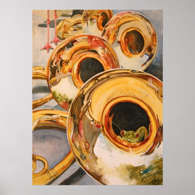 Französisch Hörner Musiker Funny Frog Escape Artis Poster (Vorne)