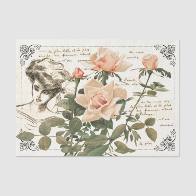 Französisch Lady Pink Rose Französisch Script Vint Seidenpapier (Vorderseite)