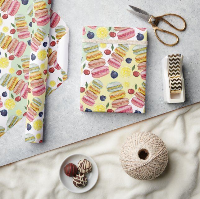 Französisch Macarons Wasserfarbe Handgemalt Geschenkpapier (Kunsthandwerk)