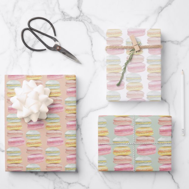 Französisch Macarons Wasserfarbe Handgemalt Geschenkpapier Set (Vorderseite)