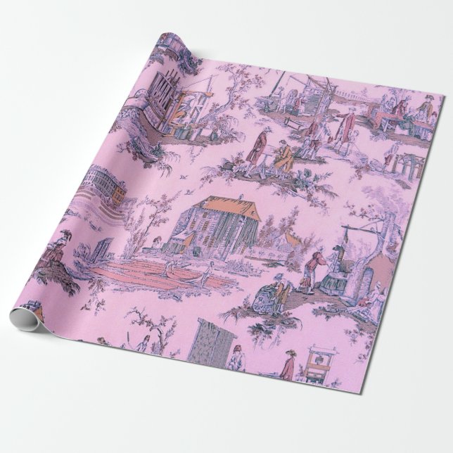 Französisch Pink Toile de Jouy Chinoiserie Dekoupa Geschenkpapier (Ungerollt)