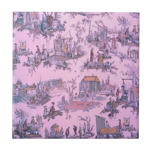 Französisch Pink Toile de Jouy Chinoiserie Stil Ru Fliese (Vorderseite)
