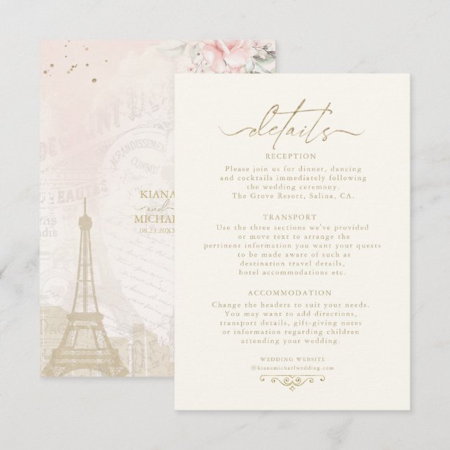 Französisch-romanische Hochzeitdetails Blush ID870 Begleitkarte (Vorne/Hinten)