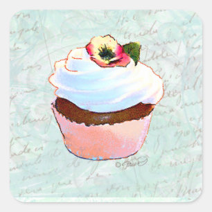 Französisch rosa Schokolade Cupcake Viktorianisch Quadratischer Aufkleber