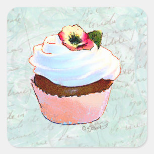 Französisch rosa Schokolade Cupcake Viktorianisch Quadratischer Aufkleber