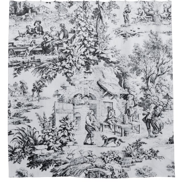 Französisch Schwarz-weiß Toile Chinoiserie Rustika Duschvorhang (Vorderseite)