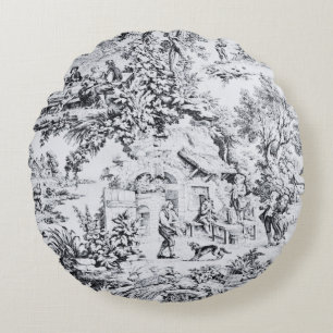 Französisch Schwarz-weiß Toile Chinoiserie Rustika Rundes Kissen