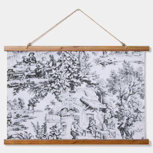 Französisch Schwarz-weiß Toile Chinoiserie Rustika Wandteppich Mit Holzrahmen