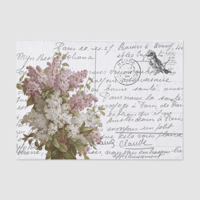 Französisch Script Vintag Lilac Blume Bird Postcar Seidenpapier (Vorderseite)