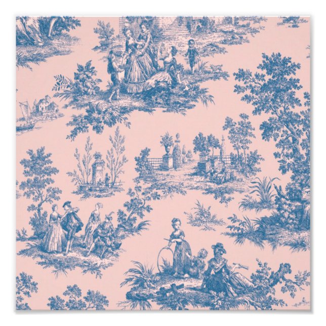 Französisch toile de jouy blau und rosa elegant fotodruck (Vorne)