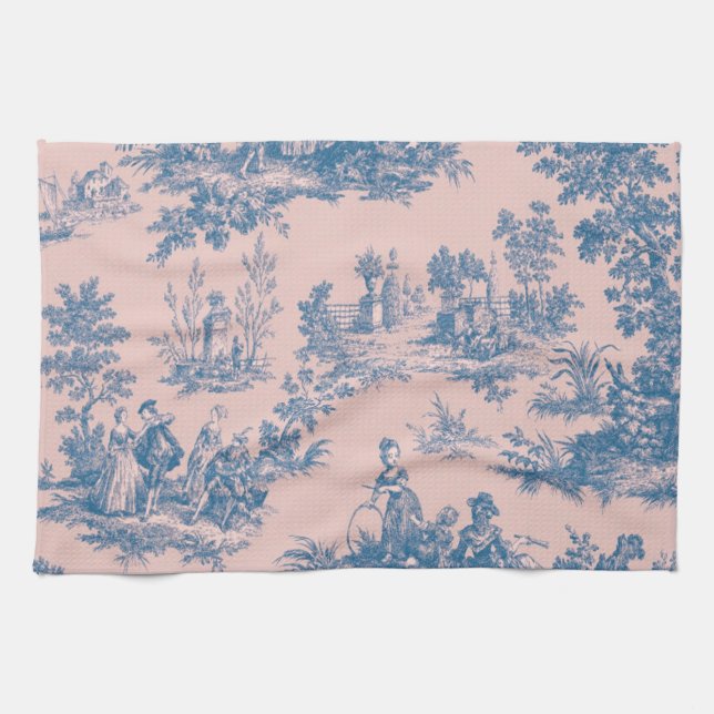 Französisch toile de jouy blau und rosa elegant geschirrtuch (Horizontal)