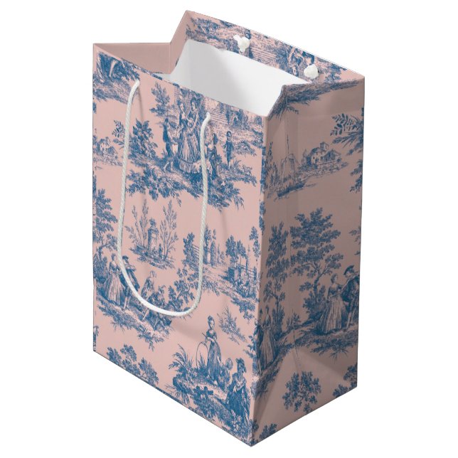 Französisch toile de jouy blau und rosa elegant mittlere geschenktüte (Vorderseite Schrägansicht)