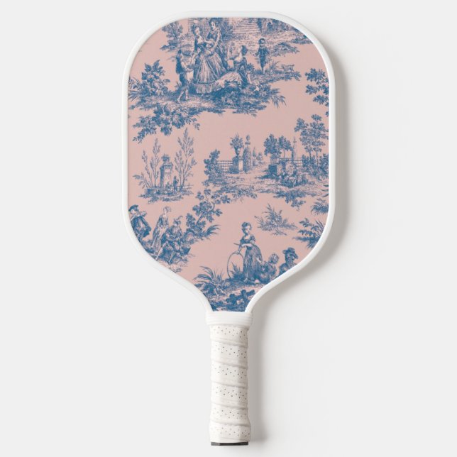 Französisch toile de jouy blau und rosa elegant pickleball schläger (Vorderseite)