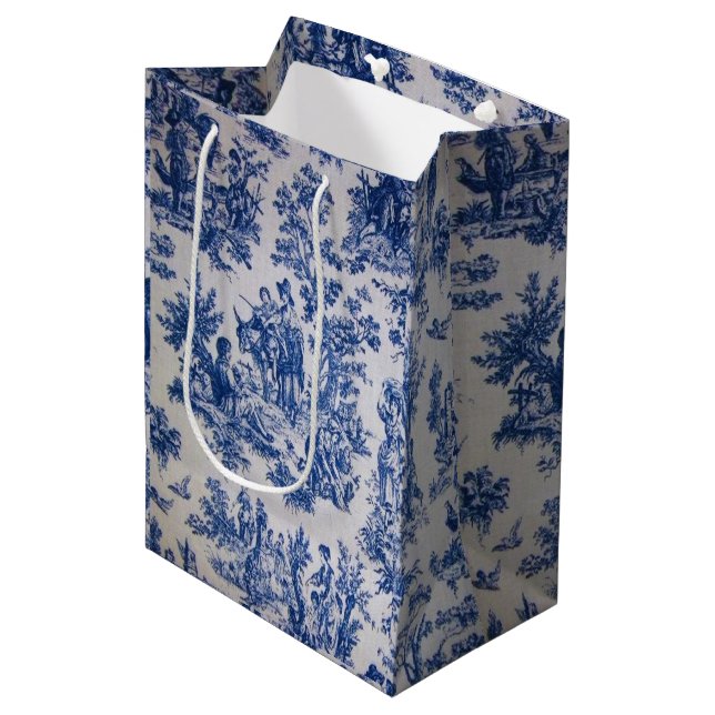 Französisch toile de jouy blau-weiß elegant mittlere geschenktüte (Vorderseite Schrägansicht)