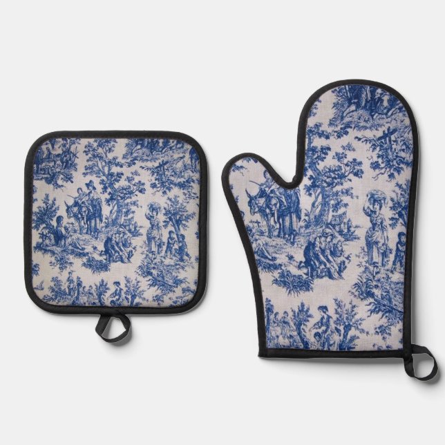 Französisch toile de jouy blau-weiß elegant ofenhandschuh & Topflappen-Set (Vorderseite)