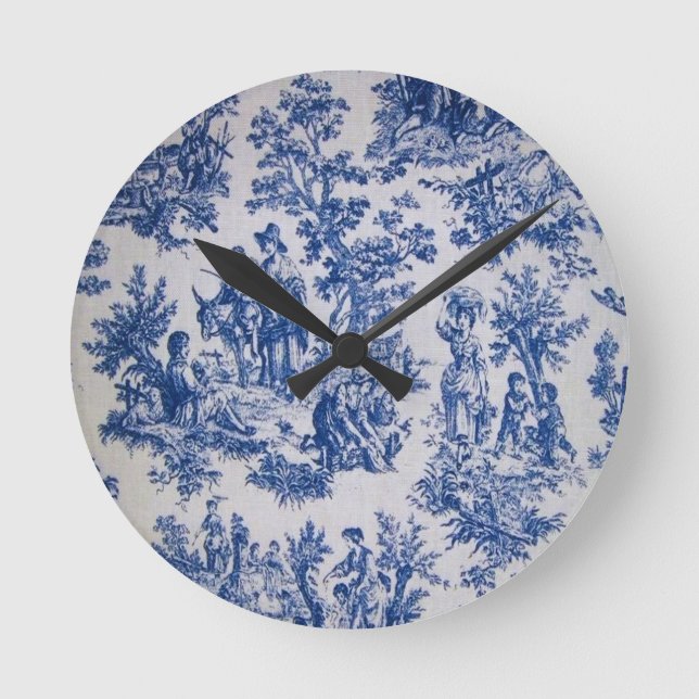 Französisch toile de jouy blau-weiß elegant runde wanduhr (Vorderseite)
