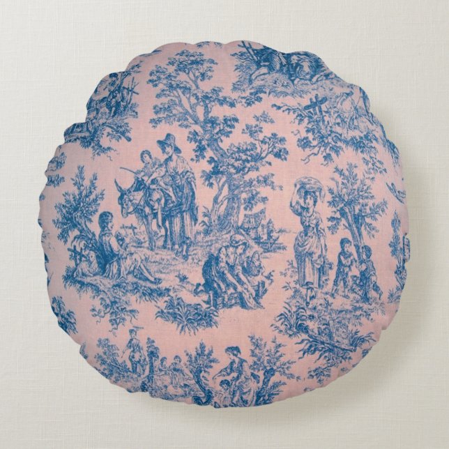 Französisch toile de jouy pink und blau elegant rundes kissen (Vorderseite)