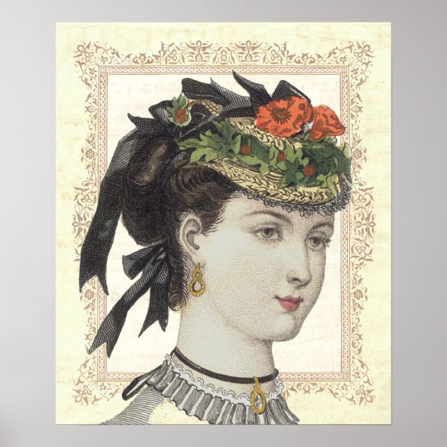 Französisch Vintage Mode Lady Poppies in Hat Poster (Vorne)