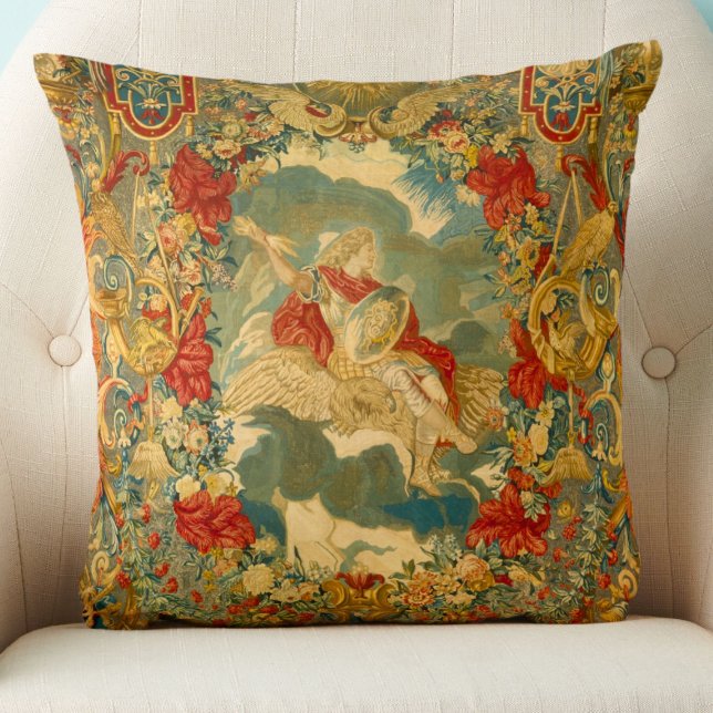 Französisch Vintage Tapesty Jewel Tones farbenfroh Kissen (Add a splash of color and elegance to a living room with this French vintage tapestry throw pillow.)