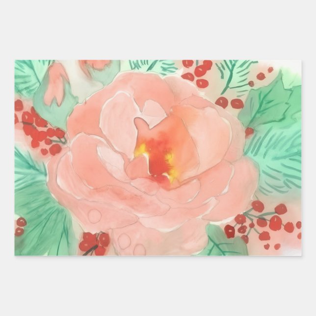 Französische Aquarell-Rose Geschenkpapier Set (Vorderseite)