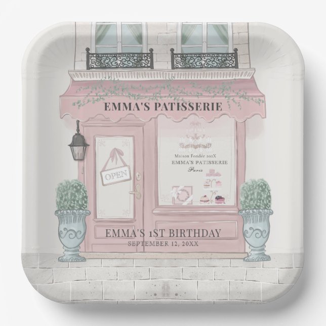 Französische Bäckerei Patisserie Paris Pink Geburt Pappteller (Vorderseite)