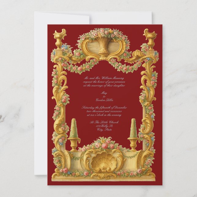 Französische Barock-Rokokofarbe Blumenborder Einladung (Vorderseite)
