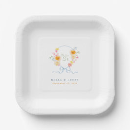 Französische blaue Bogenwappen-Monogramm-Frühlings Pappteller