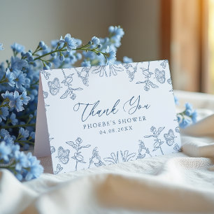 Französische Blaue Chinoiserie Blumendusche geklap Dankeskarte