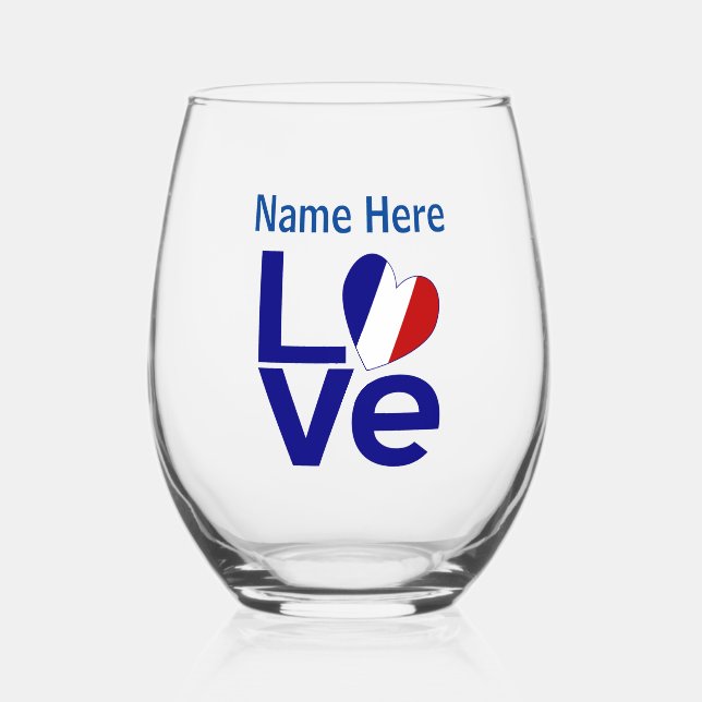 Französische Blaue LIEBE Herzenflagge Personalisie Weinglas Ohne Stiel (Vorderseite)