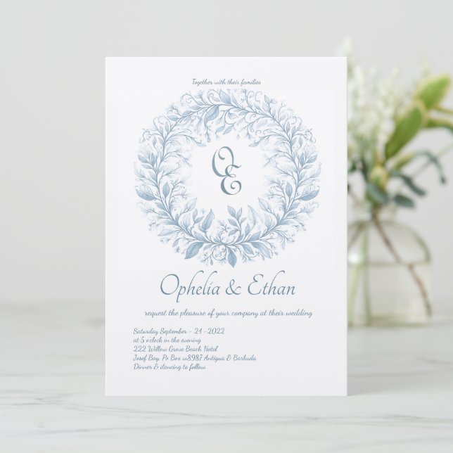 Französische Blaue Monogram Viktorianische Wappen  Einladung (Stehend Vorderseite)