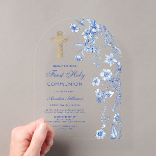 Französische Blaue Wildblumen Bögen Erste Kommunio Acryleinladungen