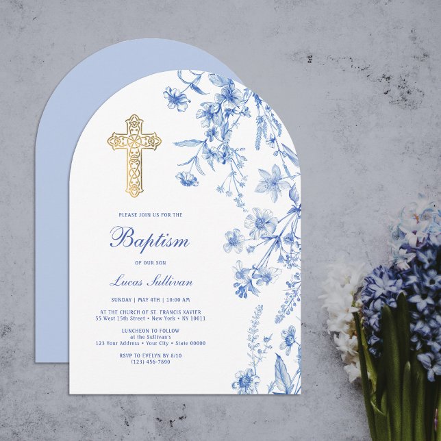 Französische Blaue Wildblumenbogen-Taufe Einladung (Von Creator hochgeladen)