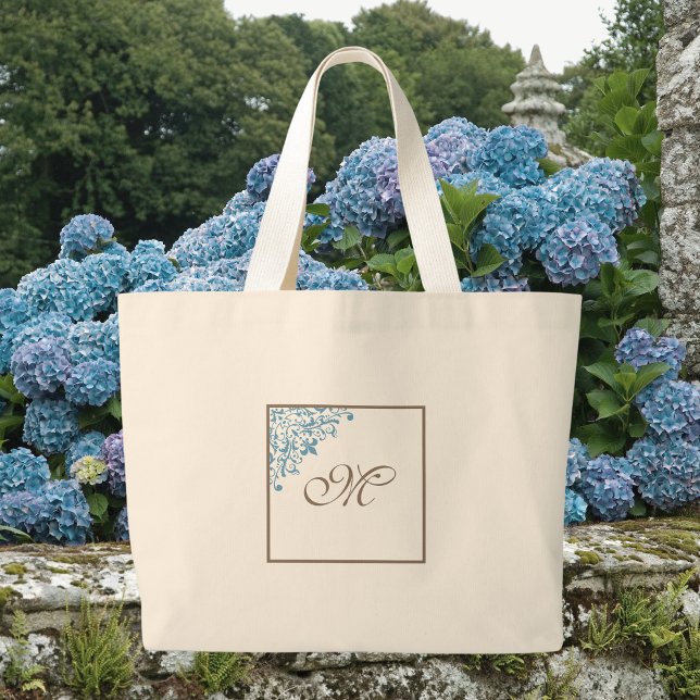 Französische Blue Lilie Initial Script Monogram Jumbo Stoffbeutel (Von Creator hochgeladen)