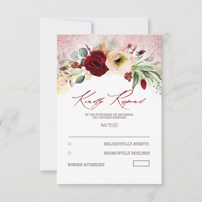 Französische Blume Rose Gold Glitzer Hochzeit RSVP Karte (Vorderseite)