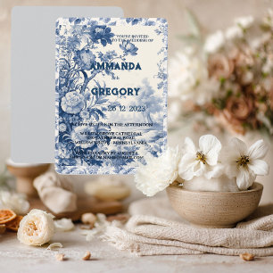 Französische Blumen-Toile-Blau-Einladung Einladung