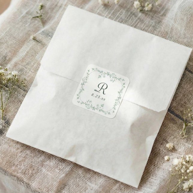 Französische Blumengebinde in Hellgrün Vintage Mon Quadratischer Aufkleber (Sage green wedding monogram sticker with vintage French floral frame and date)