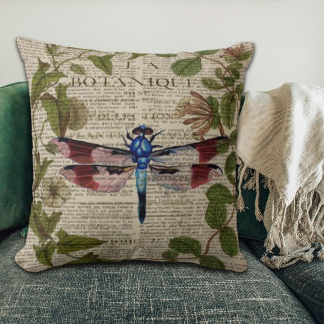 Französische botanische Blätter moderne Vintage Li Kissen (french botanical leaves modern vintage dragonfly throw pillow)