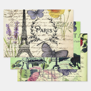 französische botanische Blumen Vintage Eiffelturm Geschenkpapier Set