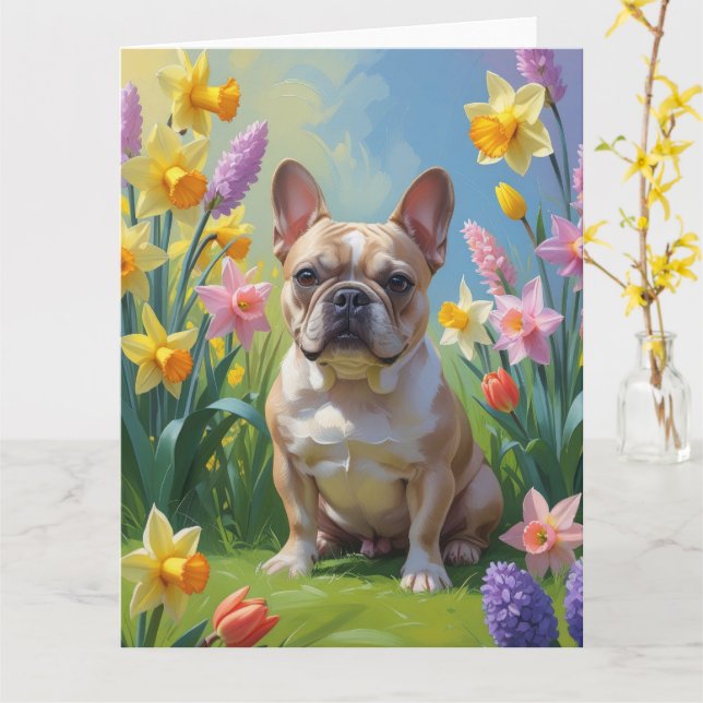Französische Bulldog-Frühlingsblumen Malerei Karte (Gelbe Blume)