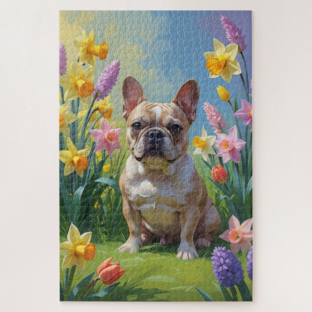 Französische Bulldog-Frühlingsblumen Malerei Puzzle (Vertikal)