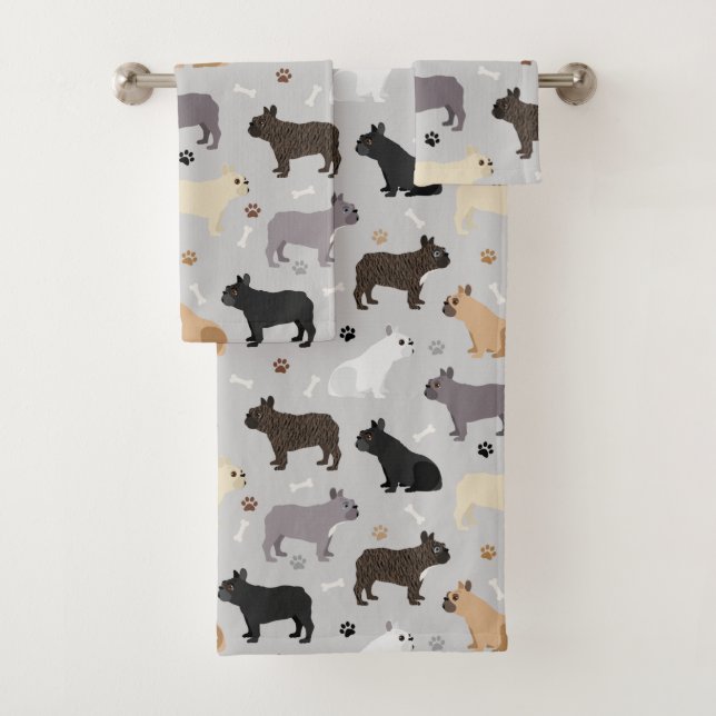 Französische Bulldog-Knochen und Paws Grau Badhandtuch Set (Insitu)